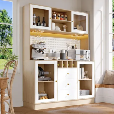 Zdjęcie produktu dla Wysoka szafka z oświetleniem LED i półką na wino, wymiary: 140 x 40 x 185,7 cm, kolor: biały
