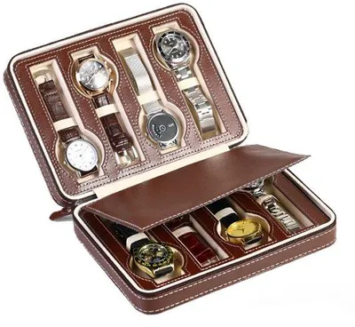 Produktbild von Reise-Organizer Box mit 8 Fächern, Portabeler Reise-Schmuckkästchen mit Klettverschluss, Organizer für Uhren, Reise-Schmuckkästchen, Organizer für Uhren (Kaffeebraun)