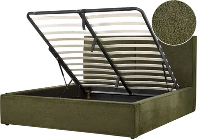 Produktbild von BELIANI Polsterbett Dunkelgrün Bouclé-Stoffbezug mit Hohem Kopfteil Lattenrost 160 x 200 cm Bettkasten Hochklappbar Modern Skandi Schalfzimmer Möbel