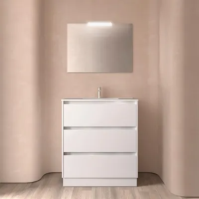 Image de BALTIC, ensemble complet 800 : 3 tiroirs, finition blanche brillante + meuble-lavabo + miroir + éclairage