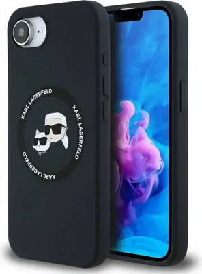 A black Karl Lagerfeld phone case is shown next to a smartphone displaying a colorful abstract wallpaper.