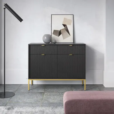Obrázek produktu pro Černá komoda v moderním stylu, s reliéfním vzorem, model KIOTO K2D2SZ, zlatý rám, skříň, komoda