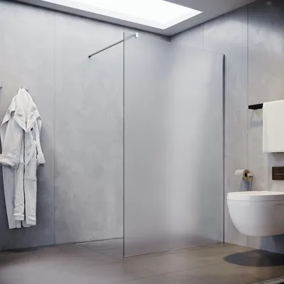 A modern bathroom with a walk-in shower, toilet, and bathrobe.