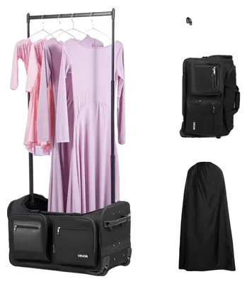 Image de Sac de danse VEVOR avec portant à vêtements, valise à roulettes 620 x 450 x 380 mm, avec roulettes, port USB, tringle à hauteur réglable et rideau d'intimité, idéal pour les voyages et les compétitions, noir mat