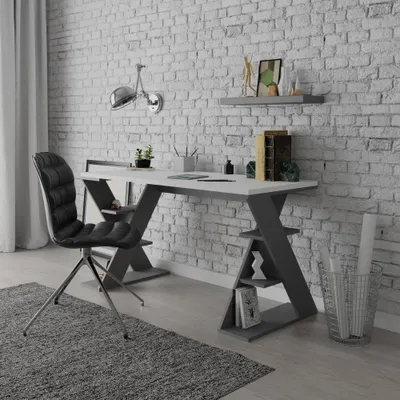 Immagine prodotto di Scrivania Papillon bianca e antracite con gambe a X e ripiani integrati 137x60x75