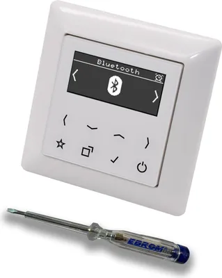 Produktbild von JUNG Smart Radio Unterputzradio DABABTWW DAB+ mit Bluetooth, Set mit 1-fach Rahmen im JUNG AS 500 System, Farbe: alpinweiß und EBROM Phasenprüfer zur Montage des DAB Plus Geräts