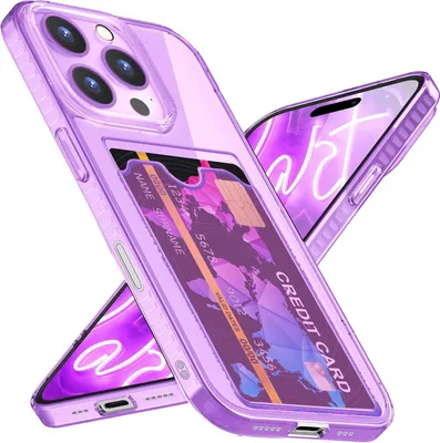 A transparent purple phone case with a card holder is shown diagonally against a white background.