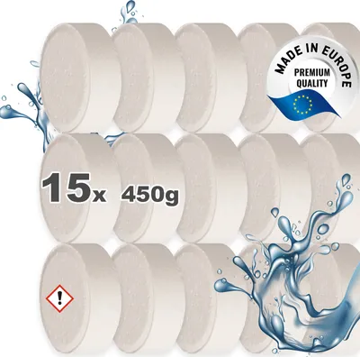A stack of white, round tabs with water splashes on the sides.