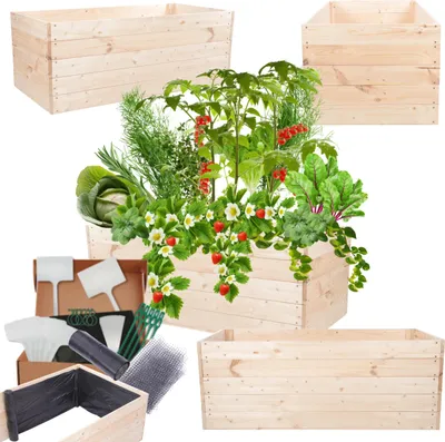 Produktbild von MODO24 Hochbeet Holz, Pflanzkasten, Massivholz, Kiefer, Kräuterbeet, Blumenkasten, Garten, Terrasse, 45x120x60 cm, Natur, ZP06