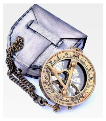 Produktbild von Messing-Sonnenuhr-Kompass mit Kette und Lederetui - Marine Nautik - Sonnenuhr - Steampunk Zubehör