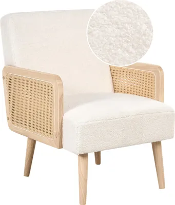 Zdjęcie produktu dla BELIANI Fotel złamana biel tapicerowany boucle drewniana rama i podłokietniki plecionka wiedeńska retro design do salonu