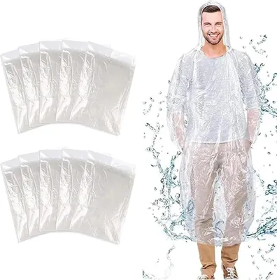 Produktbild von 10 Stück Durchsichtig Regenponcho, Einweg Regenponcho Damen Herren, Regen Poncho mit Kapuze und Elastische Manschette, Wasserdicht Regencape Transparent Weiß