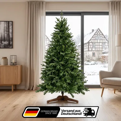 Produktbild von Lindenstein Künstlicher Weihnachtsbaum – Premium Tannenbaum – Nordmanntanne mit naturgetreuen PE-Spitzen, dichtem Zweigwerk, Holzständer und Aufbewahrungstasche - 180 cm