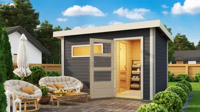 Produktbild von Karibu Saunahaus Helmi terragrau im Set mit finnischem 9kW Ofen