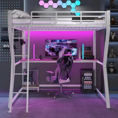Produktbild von Hochbett mit LED, Schreibtisch, Konsole, Steckdose + USB, Geländer & Treppe, platzsparend, robust, weiß für Kinder & Jugendzimmer 140x200 cm