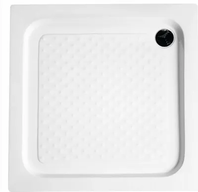 A top-down view of a white square shower tray with a textured surface and a drain.
