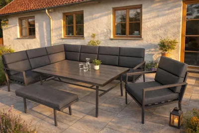 Produktbild von Green Spirit® Siena Ecklounge 9 Personen Aluminium Anthrazit mit Tisch Holzoptik