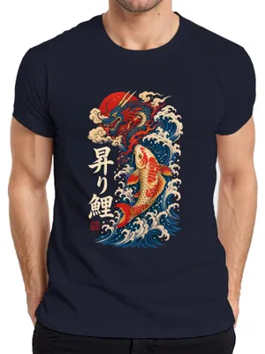Produktbild von Japan Drache Karpfen Nobori Koi Welle Sonne Tattoo Y2K Irezumi Herren T-Shirt, Navy, S