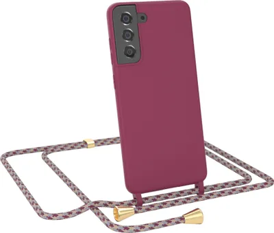 Produktbild von EAZY CASE Handykette kompatibel mit Samsung Galaxy S21 FE 5G Handyhülle zum Umhängen, Silikon Hülle mit Band, Schutzhülle mit Ersatzkordel, Stylische Kette für Smartphone, Beere / Rot Camouflage