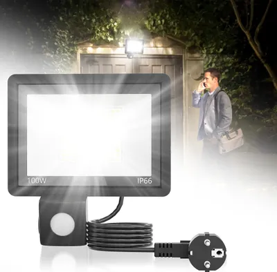 Produktbild von LZQ LED Strahler mit Bewegungsmelder, 100W 3500LM Außenstrahler mit Stecker 6000-6500K Kaltweiß Superhell Scheinwerfer Fluter IP65 Wasserdichter, Aussenlampe für Garten, Innenhöfe, Garage