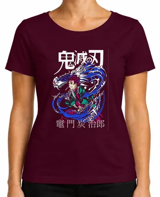 Imagen del producto de Camiseta para mujer, estilo anime "Demon Slayer" con la imagen de Tanjiro Kamado y el "Wasserdrache" (dragón de agua), color burdeos, talla XL, estilo Y2K, ideal como regalo