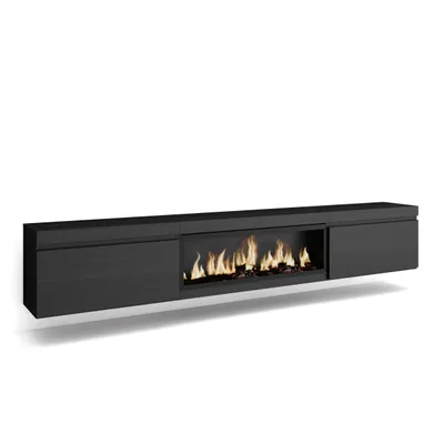 A modern, wall-mounted black TV cabinet with a built-in electric fireplace.