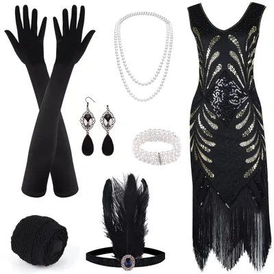 Immagine prodotto di Abito con scollo a V, decorato con paillettes, perline e frange, anni '20, completo di accessori