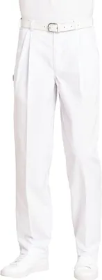 A person wearing white pants and a white belt.