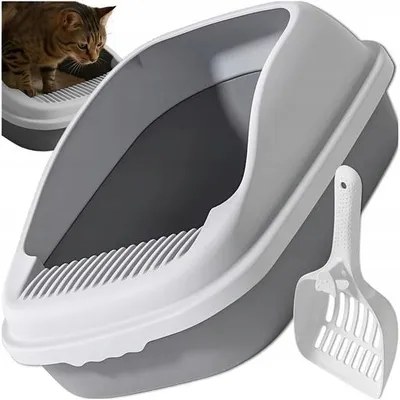 Produktbild von Offene Katzentoilette Groß Mit Schaufel – 47x32x18 Cm, Hoher Rand, Robust, Grau-Weiß