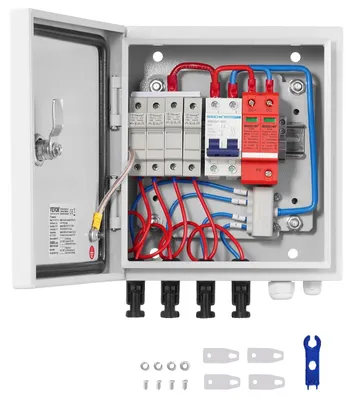 Productafbeelding van VEVOR PV-verdeelkast, 4-rijig, zonne-energie combinerkast met 15 A zekering, 63 A stroomonderbreker, bliksemafleider en zonne-energieaansluiting, stalen behuizing voor on-grid/off-grid zonnepanelensysteem, IP65