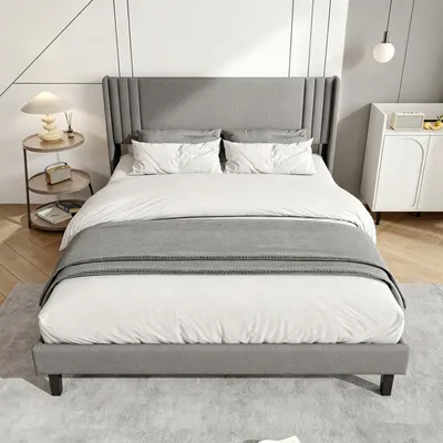 Productafbeelding van INONEFT Boxspringbed, gestoffeerd bed, 140x200 cm, tweepersoonsbed met lattenbodem – stabiel bedframe van hout en metaal, eenpersoonsbed met hoofdeinde, grijs, linnen