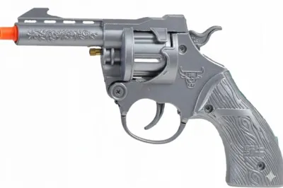 Produktbild von Spielzeugpistole - Metallischer Revolver mit Zündhütchen für Kinder - 5 Blister , drehbares Magazin, Geschenk für Militärfans, verchromt oder braun, Altersgruppe 3+