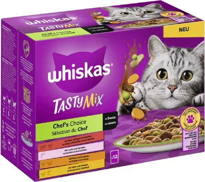 Produktbild von Whiskas Tasty Mix Chef´s Choice Katzenfutter nass in Sauce 48 Portionsbeuteln (4 x 12 x 85g)