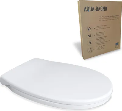 A white toilet seat is shown in the foreground, with a cardboard box for the product in the background.