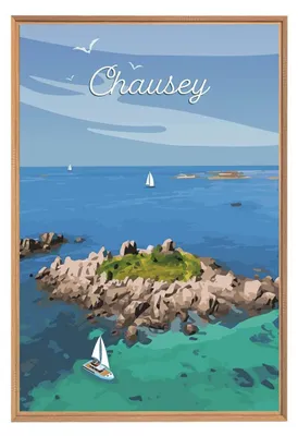 Image de Tableau mural encadré illustration île de Chausey 65x97 cm, Tableau mural moderne pour décoration intérieure