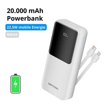 Produktbild von VENTION Powerbank 20000mAh – 22,5W Schnellladegerät mit USB-C, Lightning, Micro-USB & 5 Ausgängen – Weiß
