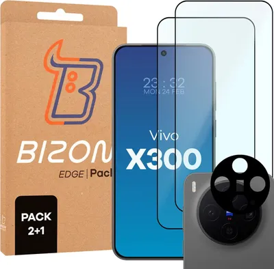 Produktbild von Gehärtetes Glas - 2 Stück + Kameraschutz für Vivo X300, Bizon Glass Edge Pack, Schwarz