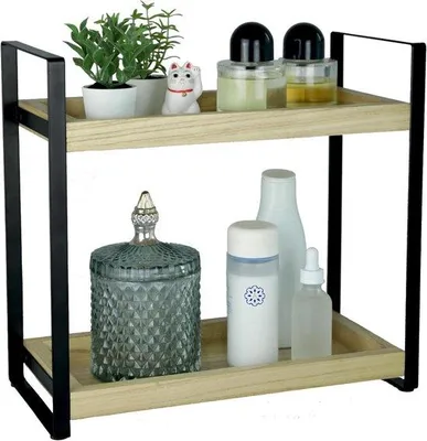 Image de Organisateur de salle de bain debout - Étagère de salle de bain sans percer - 2 niveaux - noir - bois et métal