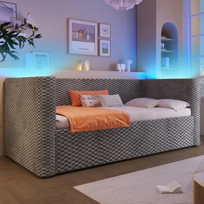 Produktbild von STILVORA Polsterbett 90 × 200 cm mit Matratze, Schlafsofa mit Hydraulischer Stauraum, Daybett mit LED-Lichtleiste, Lattenrost, Samt, Grau