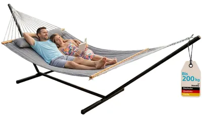 Produktbild von Skandika Mysande Hängematte mit Gestell, 200x140 cm Liegefläche, 200 kg Belastbarkeit, inkl. Kissen & Tragetasche, wetterfest, höhenverstellbar