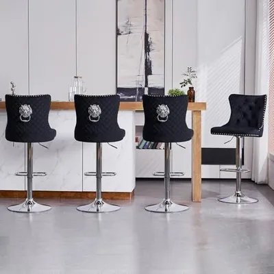 Produktbild von Samtstangenhocker Set 4 Moderne Zählerhöhe Verstellbare Rückenlehne Küchenhocker Ring Ring Griff Rotatable Counter, Schwarz