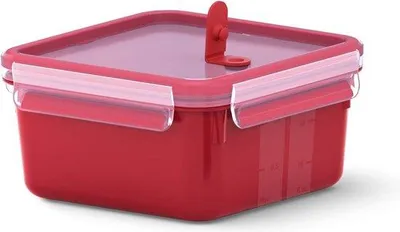 Produktbild von Mikrowellengeeignete 1,3-Liter-Lunchbox mit quadratischem Design und integrierter Skala, rot/transparent