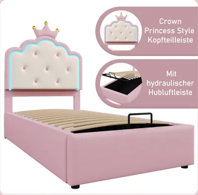 Produktbild von AIORBER Polsterbett, 90x200 cm, mit Lattenrost, Hydraulisches Boxspringbett mit Stauraum, Kronprinzessin Styling, LED Umgebungslicht, Kinderbett, Rosa