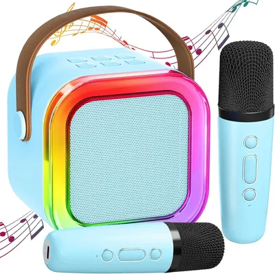Produktbild von Bluetooth Karaoke Maschine mit 2 kabellosen Mikrofonen, Bluetooth Lautsprecher mit Gesangsentferner, 3 LED-Lichtmodi Karaoke Maschine, Blau