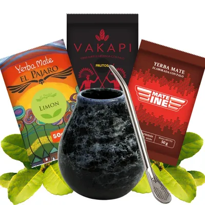 Produktbild von Paraguyaische Yerba Mate-Tee Set 150g mit Keramik mate becher Marmol 350ml - Mateine Caffeine 50g, El Pajaro Limon 50g, Vakapi Frutos 50g - Bombilla