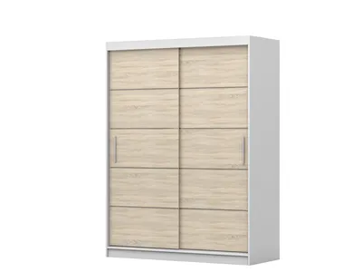 Produktbild von 2er-Set Schwebetürenschrank Schrank Kleiderschrank mit Zierleisten und Led Beleuchtung Weiß/Sonoma 150cm Vista 06 mit Kommode 135cm FRIDA 01