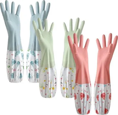 Produktbild von Unyqoos® Lange PVC-Haushaltshandschuhe, latexfrei mit Baumwollfutter, 46 cm (Größe M, Handfläche 9 cm), wasser- & ölbeständig, 3 Paar (rosa/grün/blau)