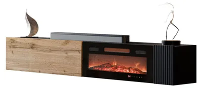 Produktbild von MIRJAN24 TTV-Lowboard Capital 200 EF mit Kamin, Wohnzimmer TV-Tisch, TV-Schrank mit zwei Klappen, Gasdruckfeder (Farbe: Schwarz / Schwarz + Wotan Eiche)