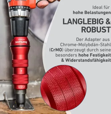 A close-up of a red drill attachment with text overlays describing its features.
