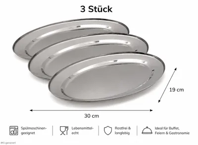 Produktbild von 3er Set Ovale Edelstahl Servierplatten 30 x 19cm – Rostfrei, lebensmittelecht & spülmaschinengeeignet